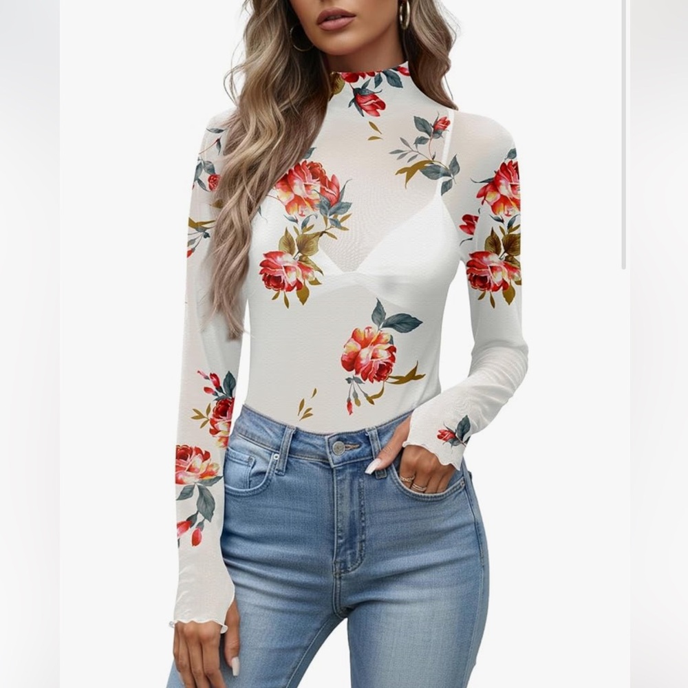 Floral Mesh Mock Neck Long Sleeve Top - White with Red Floral